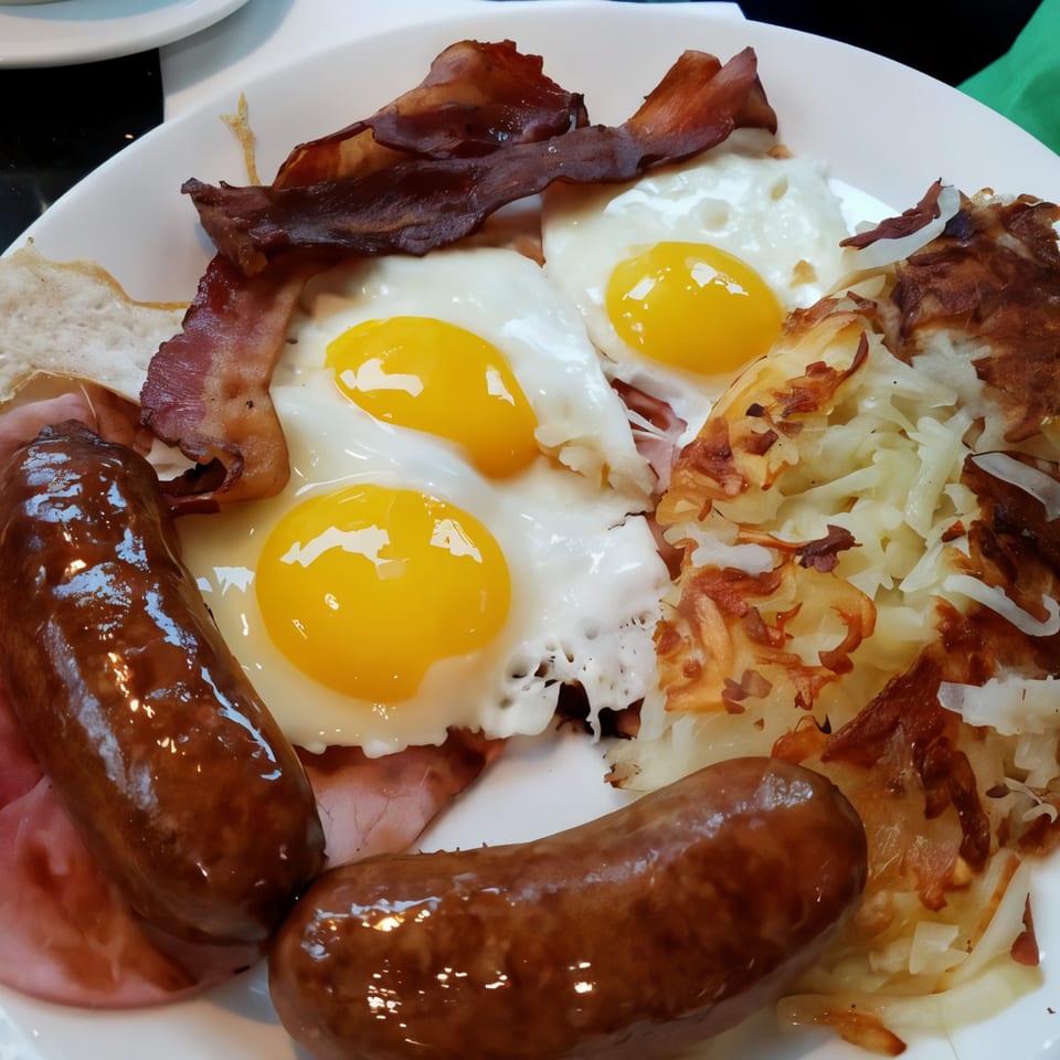 A diner breakfast plate with three fried eggs, bacon, sausages, ham, and hash browns.